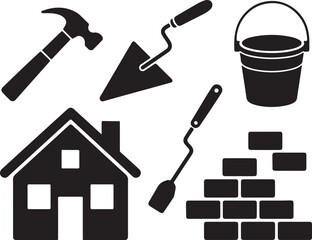 Black silhouette of construction tools and house hammer trowel