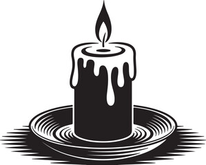 Black silhouette of a lit candle with dripping wax on a decorative plate flame