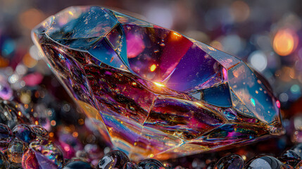 Close up of a large faceted holographic prism with vibrant light reflections. Abstract iridescent crystal gem surface, jewelry concept.
