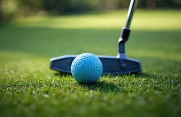 Golf ball on green grass with putter ready for shot. Sunny outdoor course, perfect for practice or competition. Focus on precision, skill, and the enjoyment of the sport.