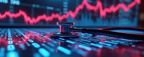 Stethoscope on glowing digital financial display with pink, blue hues. Shows market analysis, stock data, economy trends, business investment graphs. Futuristic interface with bright abstract