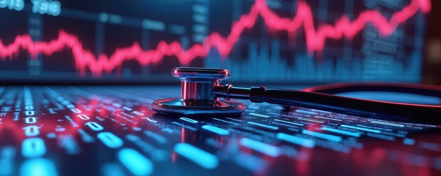 Stethoscope on glowing digital financial display with pink, blue hues. Shows market analysis, stock data, economy trends, business investment graphs. Futuristic interface with bright abstract
