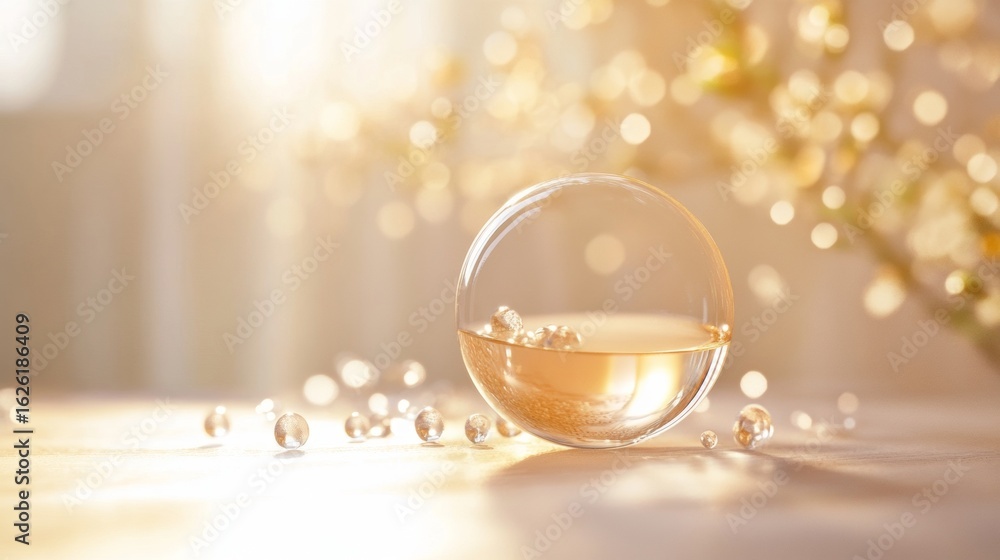 Poster glass orb resting on reflective table surface with floral light bokeh in soft dreamy background