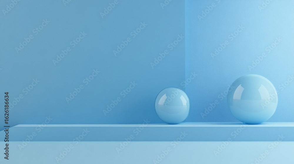 Poster two white spheres placed on monochrome blue background creating minimalistic abstract balance compos