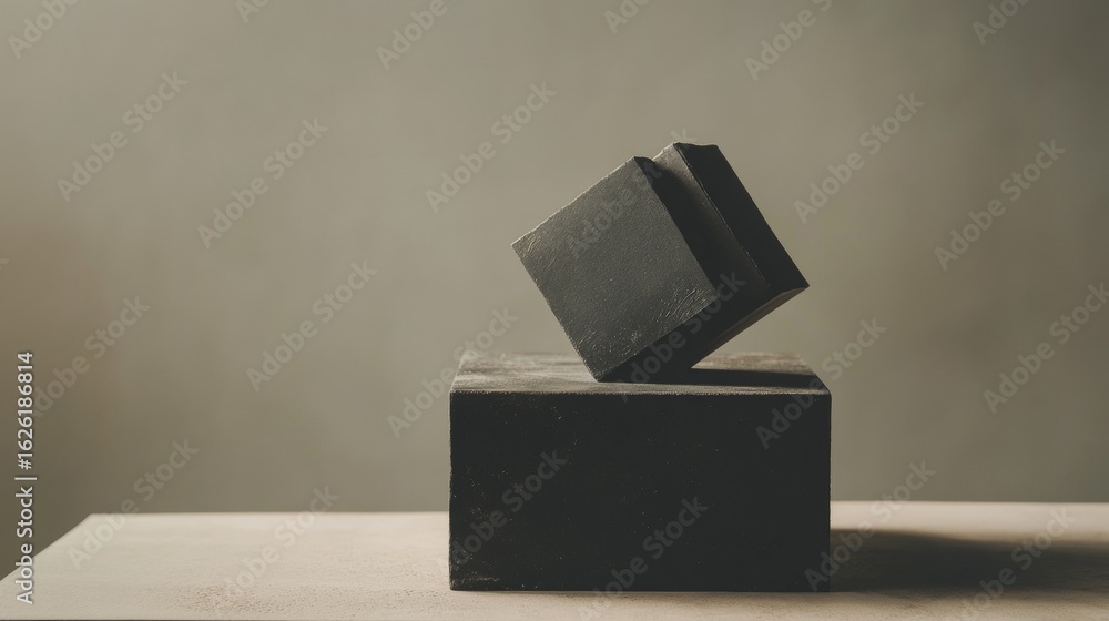 Poster stacked black cubes balancing on gray surface with minimalist shadow lighting and abstract shape bal