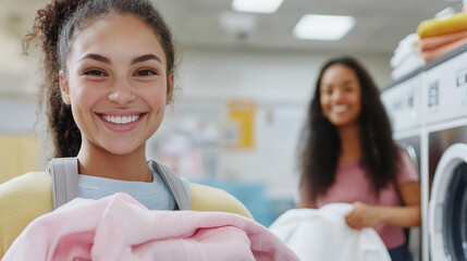 Smiling young woman holding laundry in laundromat with friend in background, conveying joy, cleanliness, and daily routine in a bright modern setting.