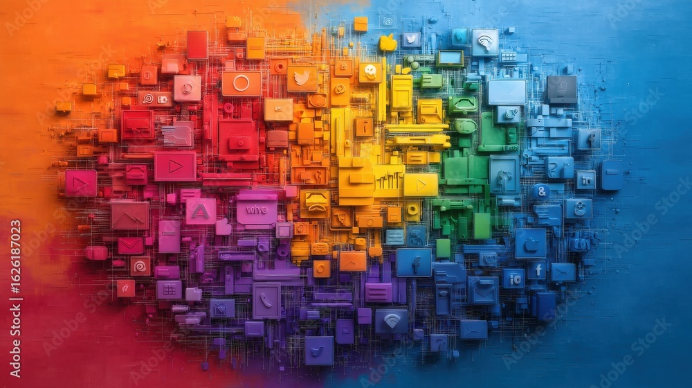 Fototapete a colorful array of digital icons arranged in a heart shape, representing various online platforms a