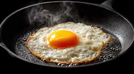 Fried egg sizzling in a pan with oil bubbles around the edges, captured mid-cook with steam rising. --ar 16:9 --v 7 Job ID: ab70fc60-3392-452f-981d-ff185e8d175b