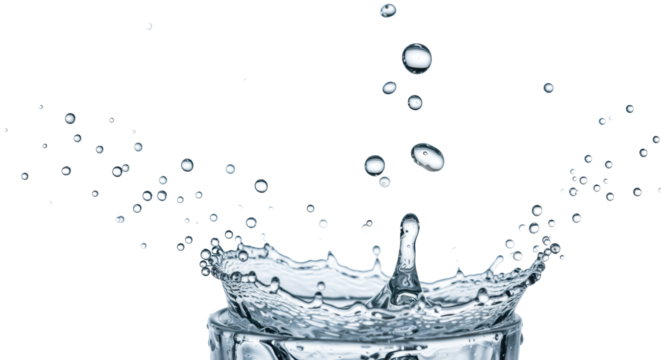 Pristine, crystal-clear, spherical water droplets suspended and falling against a transparent studio background with high-key lighting, photorealistic macro vision of essential hydration