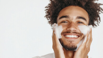 Smiling young man washing face with foam cleanser, showcasing skincare routine, hygiene, and freshness against a bright white background in a cheerful close-up.