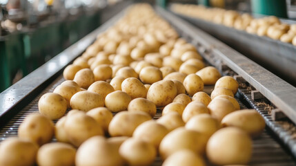 Fresh potatoes moving along a conveyor belt in a modern food processing facility, representing agricultural production, sorting and automated farming industry systems.