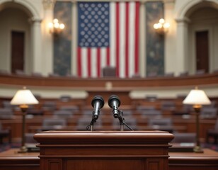 Podium with microphones ready for a speech in a U. S. legislative chamber. American flag backdrop. Seating for assembly, government officials, citizens.