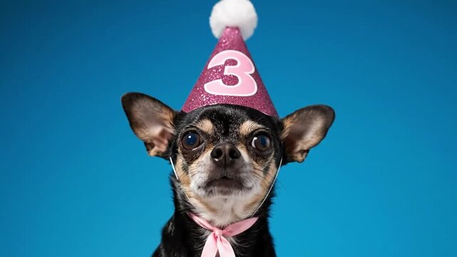 Adorable Chihuahua celebrating its third birthday with festive hat and ribbon