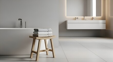 A simple modern wooden bath stool beside the tub with folded linen towels, placed in a minimalist bathroom