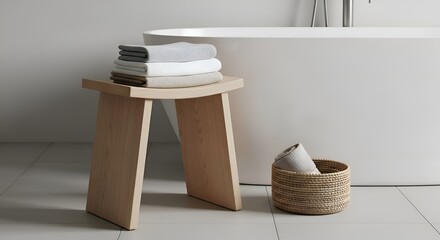 A simple minimalist wooden bath stool beside the tub with folded linen towels, placed in a minimalist bathroom