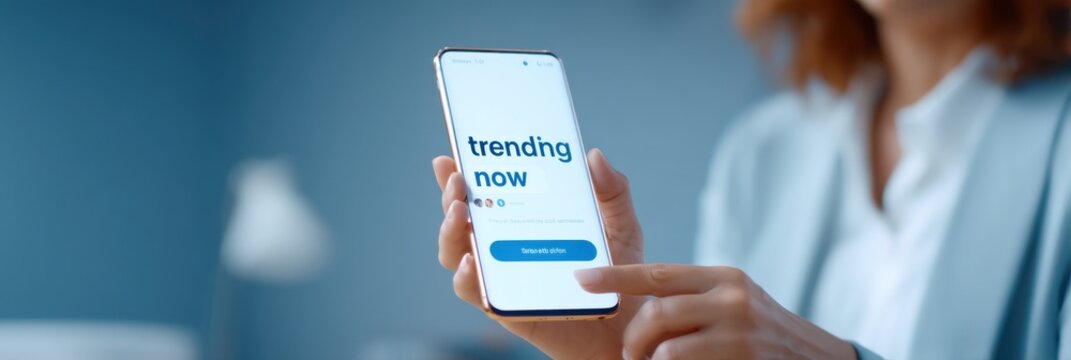 A person holds a smartphone displaying the phrase "trending now," suggesting engagement with current digital trends and social media.