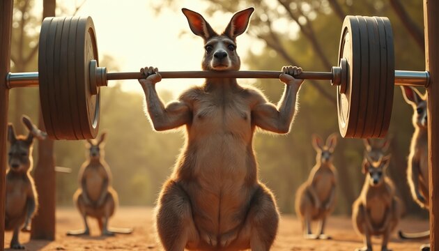 Muscular kangaroo lifts heavy barbell outdoors. Funny wildlife scene shows strong marsupial exercising with weights. Other kangaroos watch in humorous, playful setting. Australia nature inspiration.