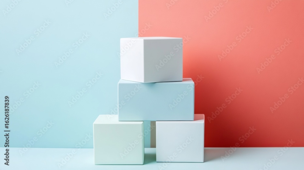 Aufkleber minimal white geometric cubes stacked on blue surface clean abstract structure simple modern design 