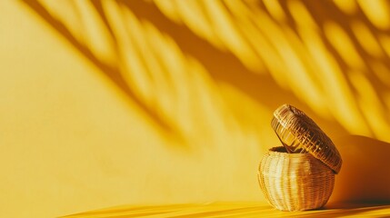 Golden hour light on straw hat casting shadow over yellow background summer vacation travel fashion vibe