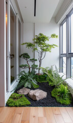 Naklejka premium Modern indoor zen garden with bonsai trees, rocks, and moss, blending natural tranquility with contemporary architecture in a bright apartment corner.