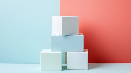 Minimal white geometric cubes stacked on blue surface clean abstract structure simple modern design layout