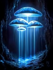 Ethereal jellyfish illuminate an underwater cave, creating a mesmerizing glow in the dark waters 
