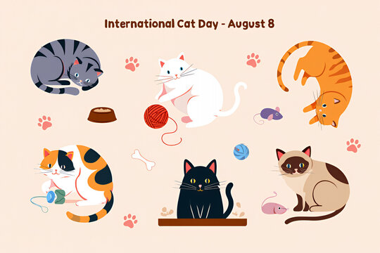 A charming illustration for International Cat Day featuring a collection of diverse, playful cats and their toys. - Powered by Adobe
