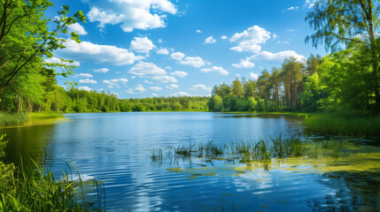 Obraz premium Clean lake in green spring summer forest. Clean tranquil lake in green spring summer forest. Blue sunny sky