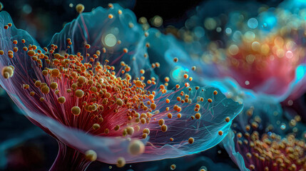 Vibrant red and blue abstract microscopic organisms or plant cells with glistening spheres for medical or scientific use.