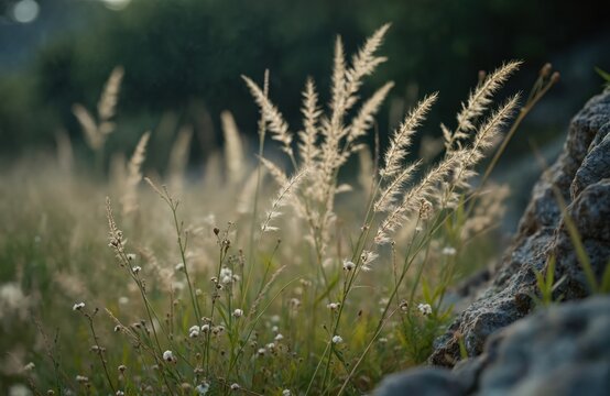 Close-up of tall grasses, tiny white wildflowers swaying gently in breeze. Sunlight illuminates feathery seed heads. Large rock visible on right. Peaceful meadow scene evokes tranquil summer spring - Powered by Adobe