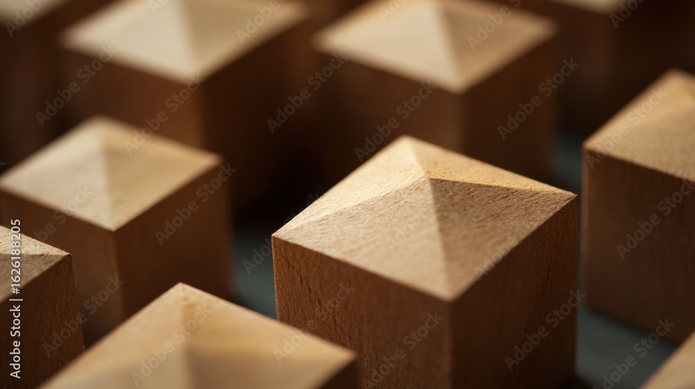 Poster wooden geometric cubes arranged in organized pattern closeup with shallow depth craftsmanship struct