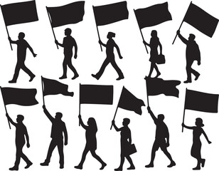 Silhouettes of people holding flags marching protest