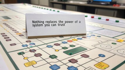 Trustworthy System Concept on a Printed Flowchart and Diagram Board