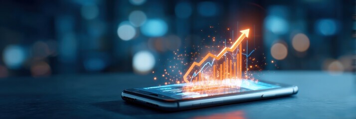 A smartphone displaying a digital growth chart with vibrant graphics, symbolizing financial progress and data analysis against a blurred city backdrop.