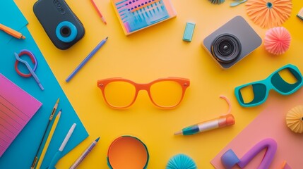 Colorful flat lay of summer travel essentials sunglasses camera bright objects vacation concept beach style