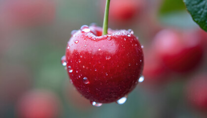 Macro photo of ripe red cherry covered in water droplets. Juicy, fresh fruit vibrant color, detail. Texture appears slightly wrinkled, with glossy sheen from moisture. Ideal for summer themes,