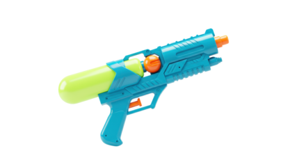 A modern, high-detail plastic water gun in vibrant primary colors on a transparent background with copy space, symbolizing playful innovation and strategic readiness