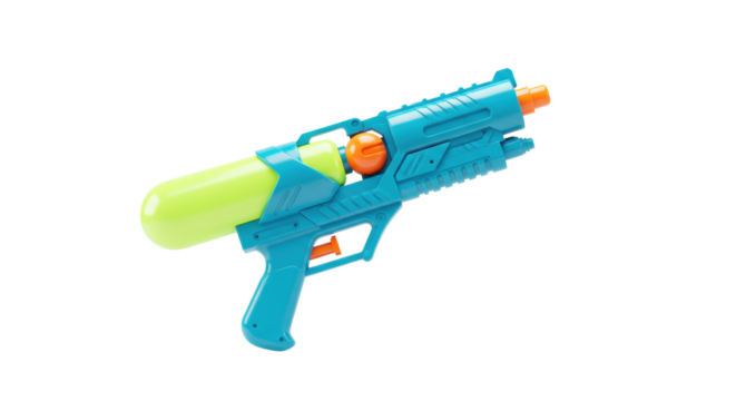 A modern, high-detail plastic water gun in vibrant primary colors on a transparent background with copy space, symbolizing playful innovation and strategic readiness