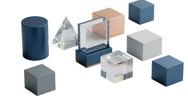 Abstract geometric blocks, aluminum, composite, acrylic, cool blue/gray with copper, precise grid on transparent studio, high-key light, concept of strategic readiness