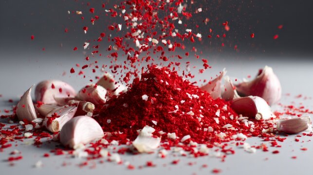 Crashed pink meringues and red candy fragments scattered across surface creating delicious abstract explosion