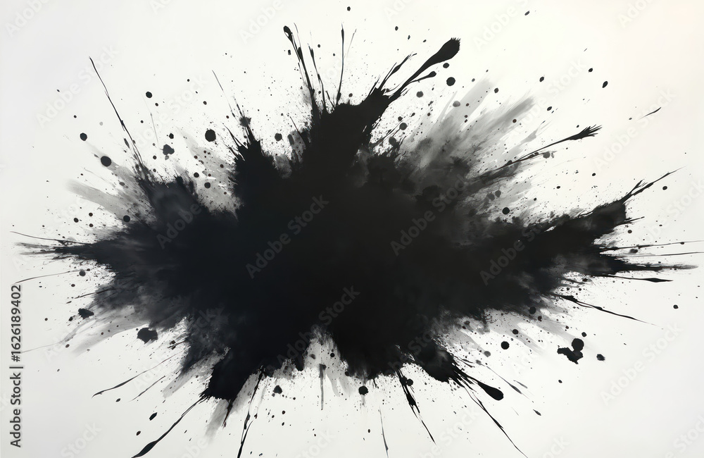 Poster abstract black ink splatter on white paper with watercolor effects. dynamic splash and drips create 