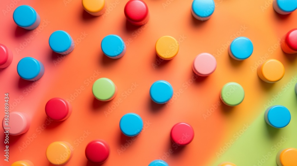 Poster Multicolored round candy shapes arranged on diagonal orange background creating visual playful abstract pattern