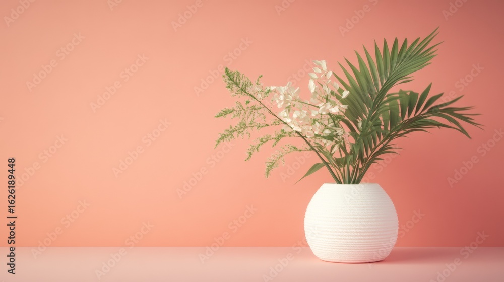 Poster white vase with palm leaves casting soft shadows on peach background in warm minimal room setup