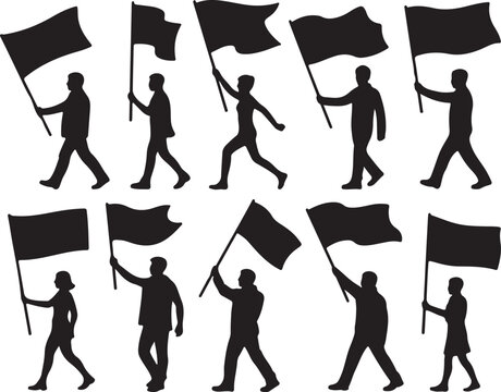 Figures holding flags in silhouette person banner