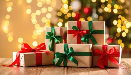 Obraz premium Festive Christmas Gifts with Red and Green Bows Before a Golden Bokeh Tree