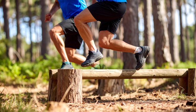 Two athletes leaping over a wooden hurdle in a sun-dappled forest, showcasing strength and agility - Powered by Adobe