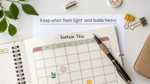 Inspirational Desk Setup with Planner, Pen, and Green Leaves