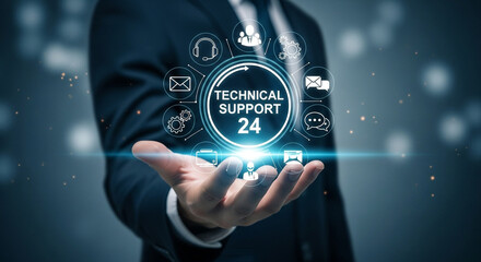 Man offering technical support with glowing digital interface