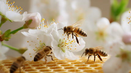 Naklejka premium Close-up of a bee perched on honeycombs surrounded by delicate cherry blossom flowers, capturing the intricate details of nature and pollination.