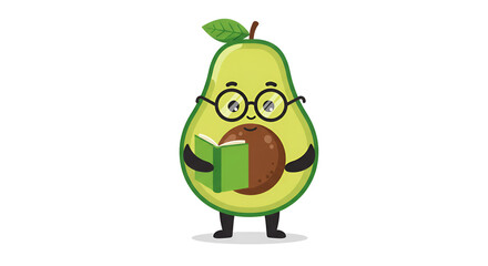 Smiling Avocado Cartoon Character Wearing Glasses Reading Green Book